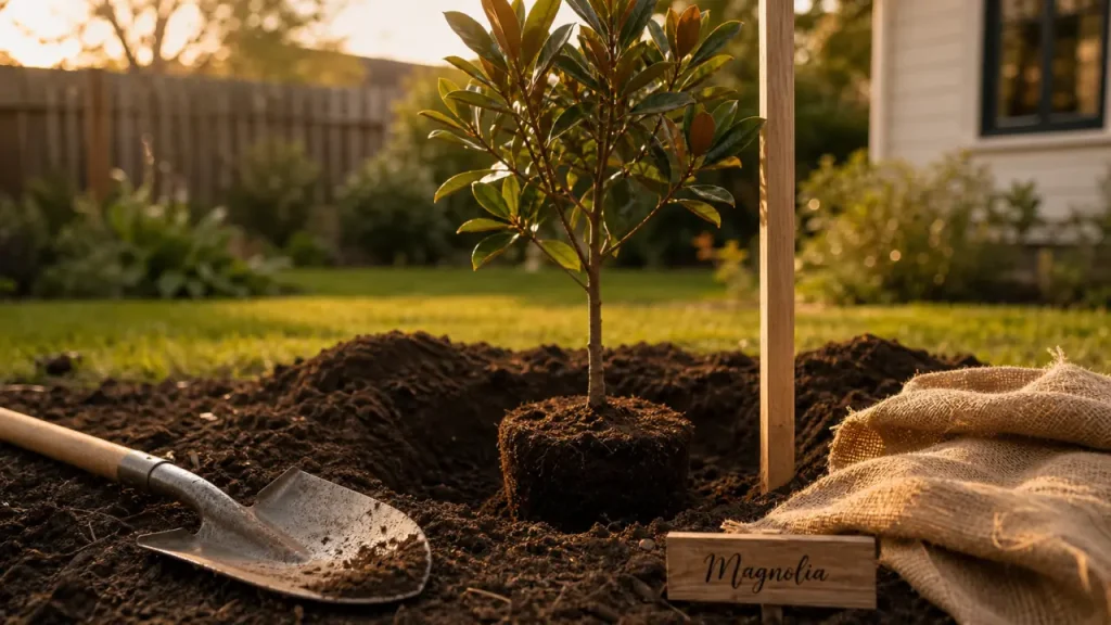 Arbre a planter : magnolia en motte dans un jardin