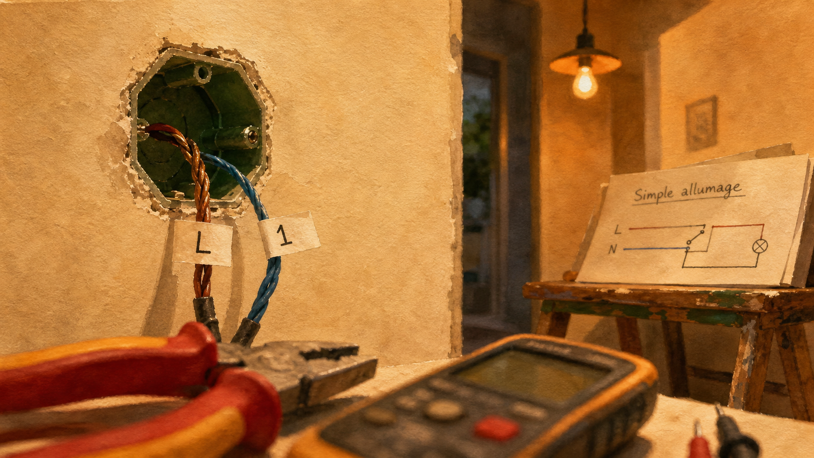 Photo : cablage simple allumage phase sur L, retour lampe sur 1