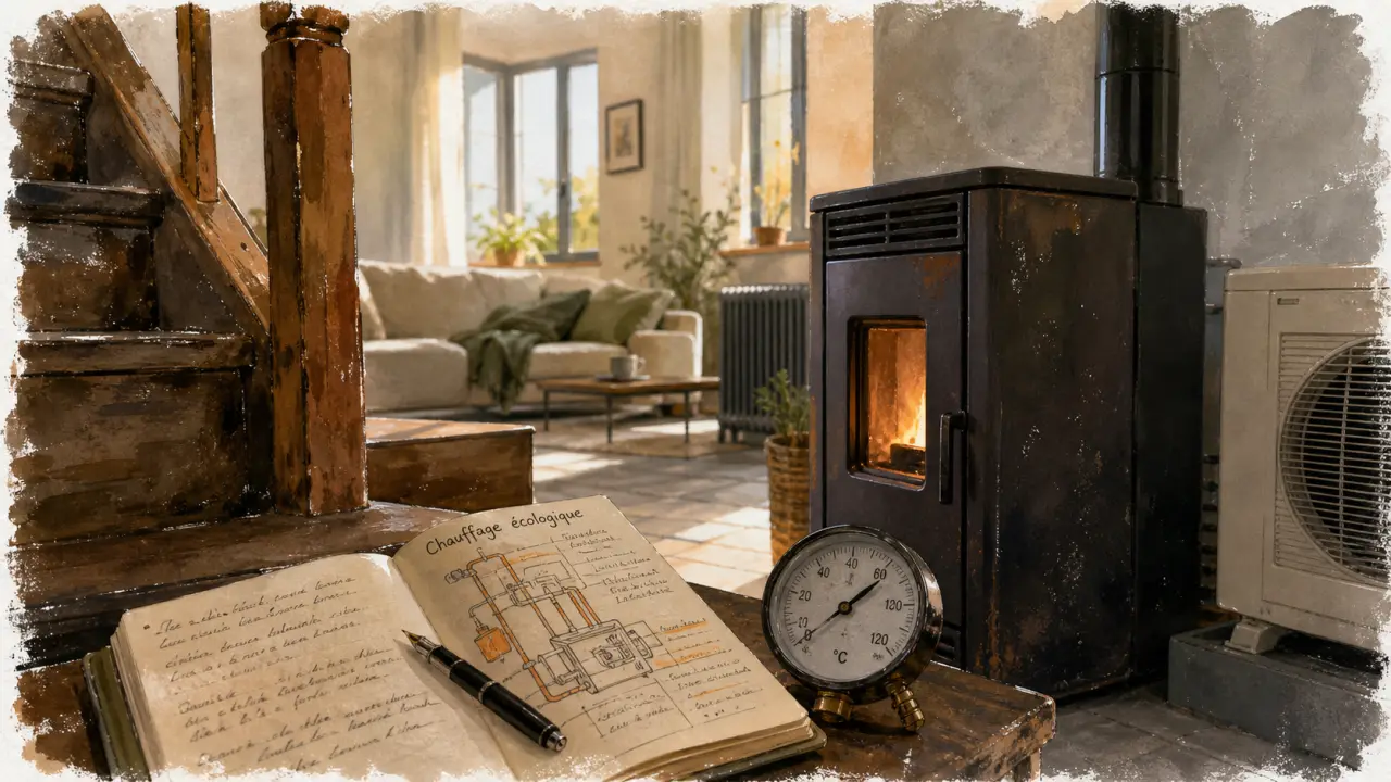 Chauffage écologique : poêle à granulés, radiateurs et pompe à chaleur dans une maison rénovée
