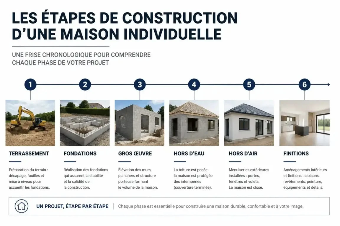 Infographie des étapes et délais de construction d'une maison individuelle