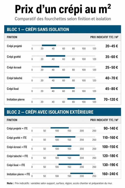 Infographie sur le crepi prix m2 avec comparaison des tarifs par type de finition et avec ou sans isolation