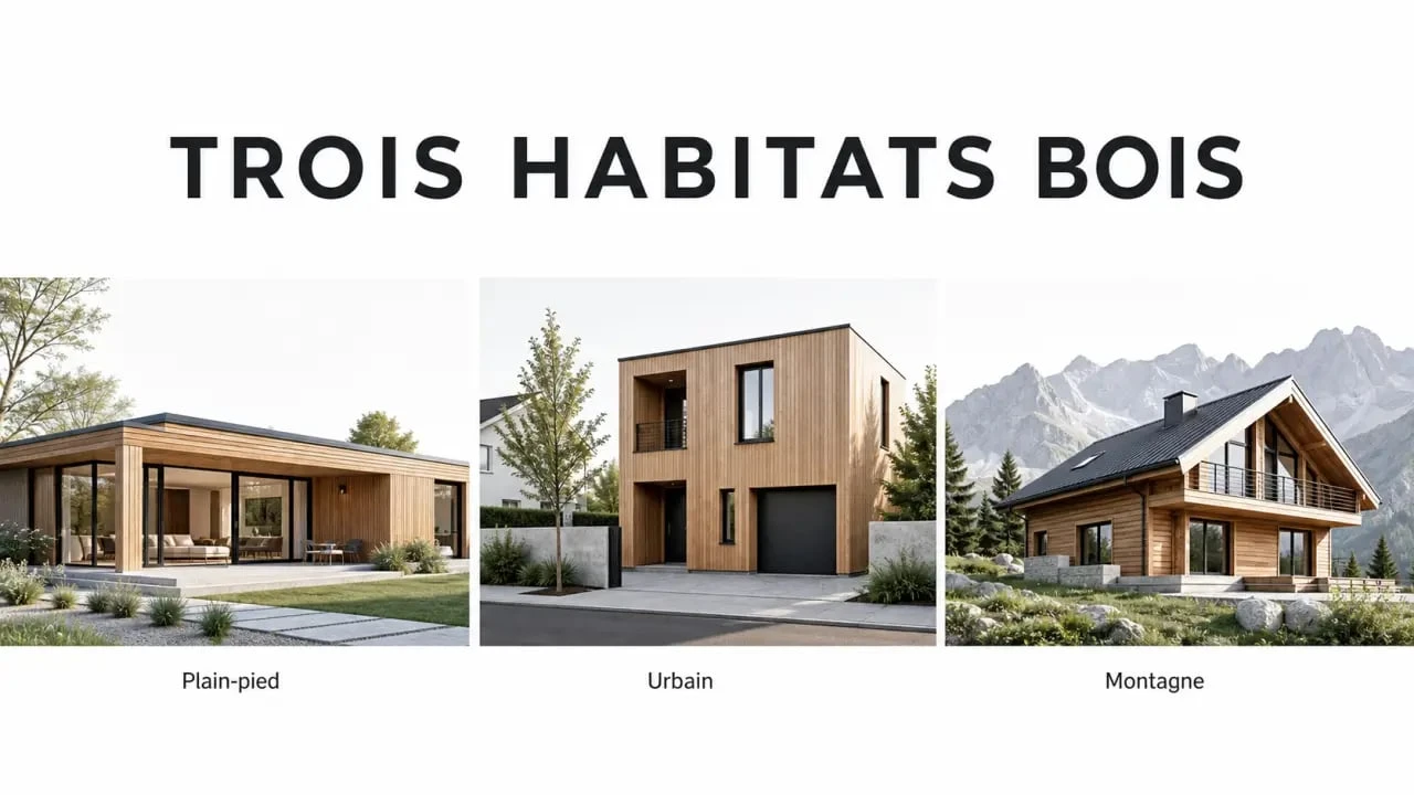 Maison en bois plan : trois modèles de maisons en bois illustrant plain-pied, étage et chalet