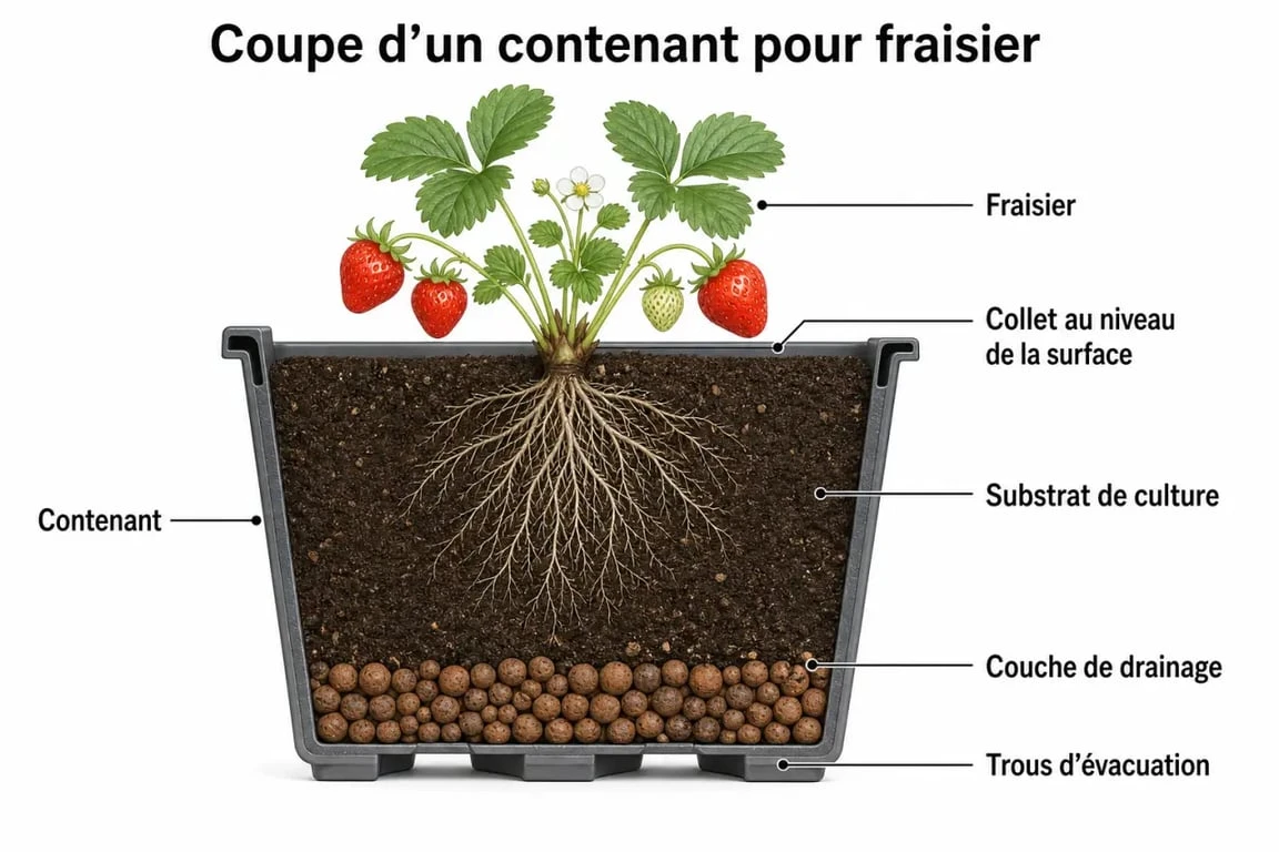 Schéma technique de plantation de fraisier en hauteur avec drainage et positionnement du collet