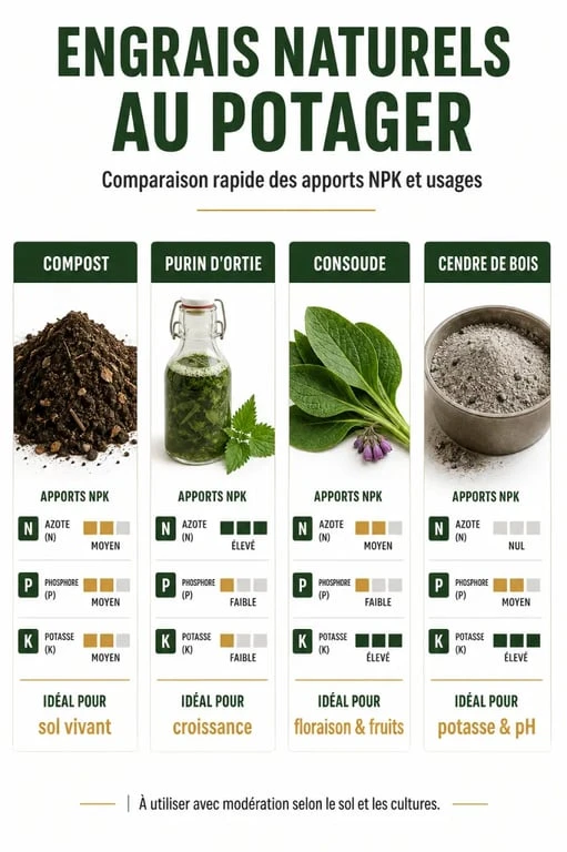 Infographie des engrais naturels pour le potager : compost, purin d'ortie, consoude et cendre de bois