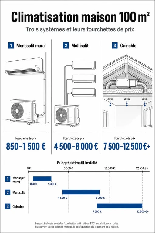 Infographie comparative des prix d'installation d'une climatisation pour une maison de 100m2 selon le système choisi
