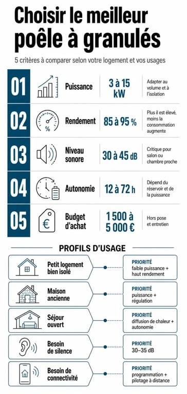 Infographie comparative pour choisir le meilleur poêle à granulés selon la puissance, le rendement, le bruit et le budget
