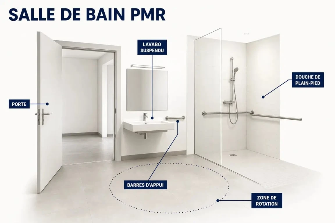 Salle de bain norme pmr avec douche de plain-pied, lavabo suspendu et espace de circulation large