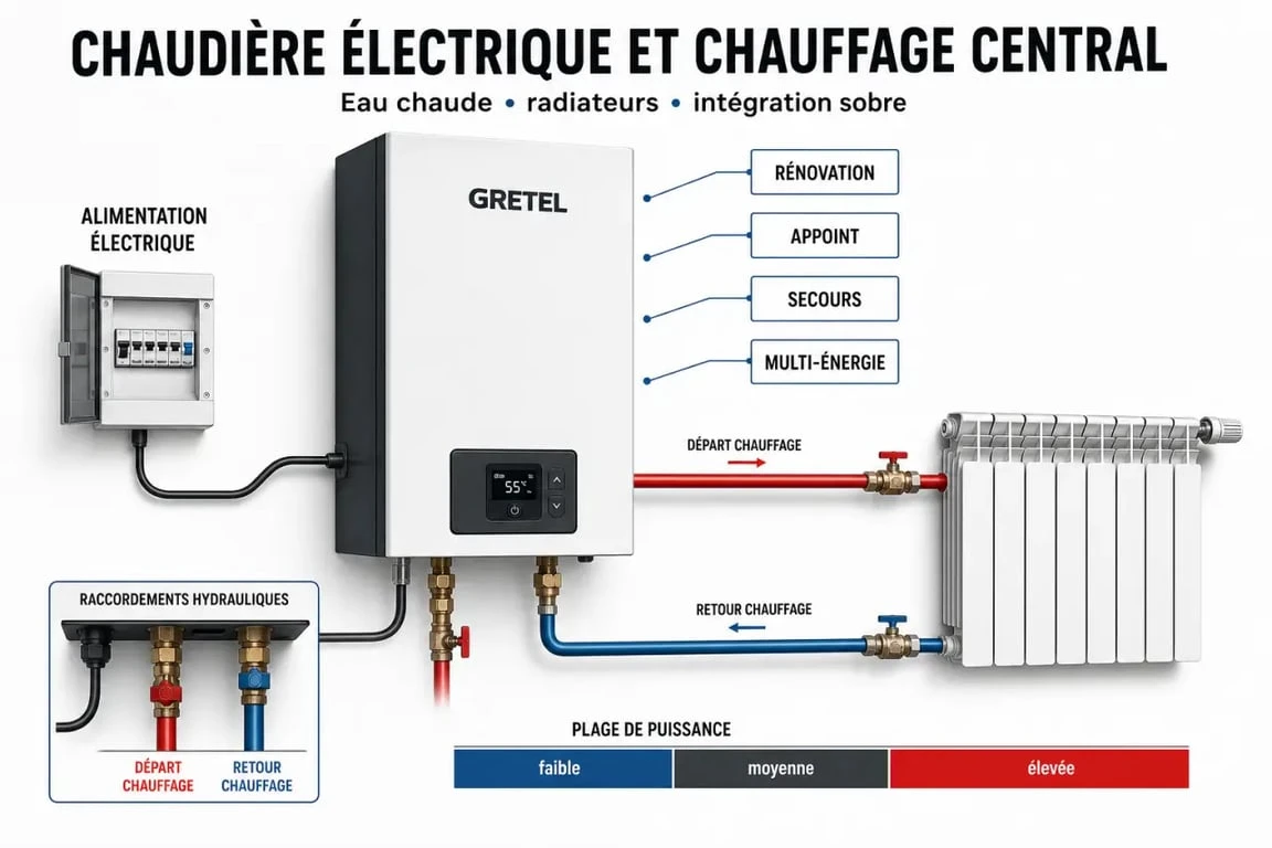 Chaudière électrique GRETEL installée sur un chauffage central à eau chaude avec schéma technique simplifié