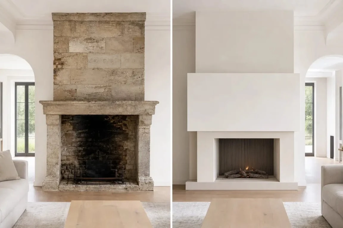 Habillage ancienne cheminée dans un salon avant/après avec transformation moderne et sobre