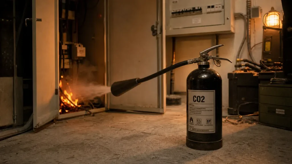 Extincteur feu electrique CO2, local technique électrique