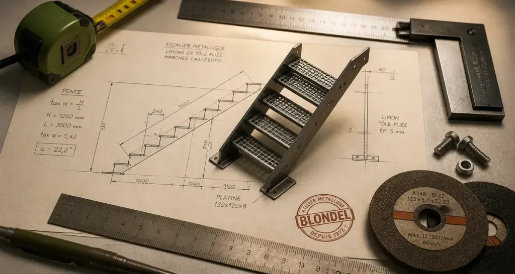 Plan coté pour fabriquer un escalier en metal : Blondel et assemblage