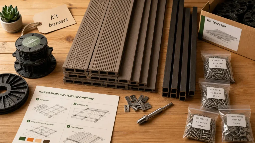 Kit terrasse prêt à poser : lames, lambourdes et accessoires