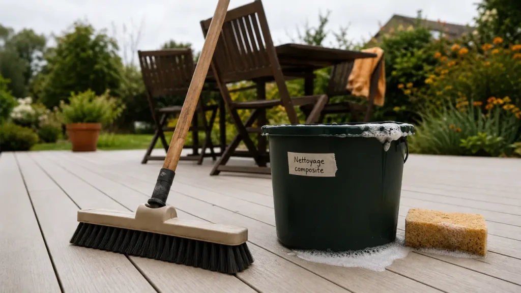 Nettoyer terrasse en composite avec balai-brosse : mousse et dépôts verts