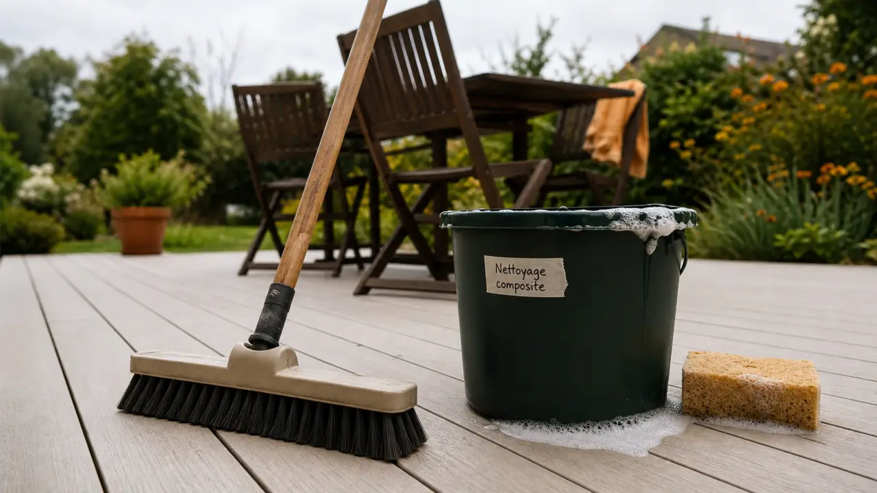 Nettoyer terrasse en composite avec balai-brosse : mousse et dépôts verts