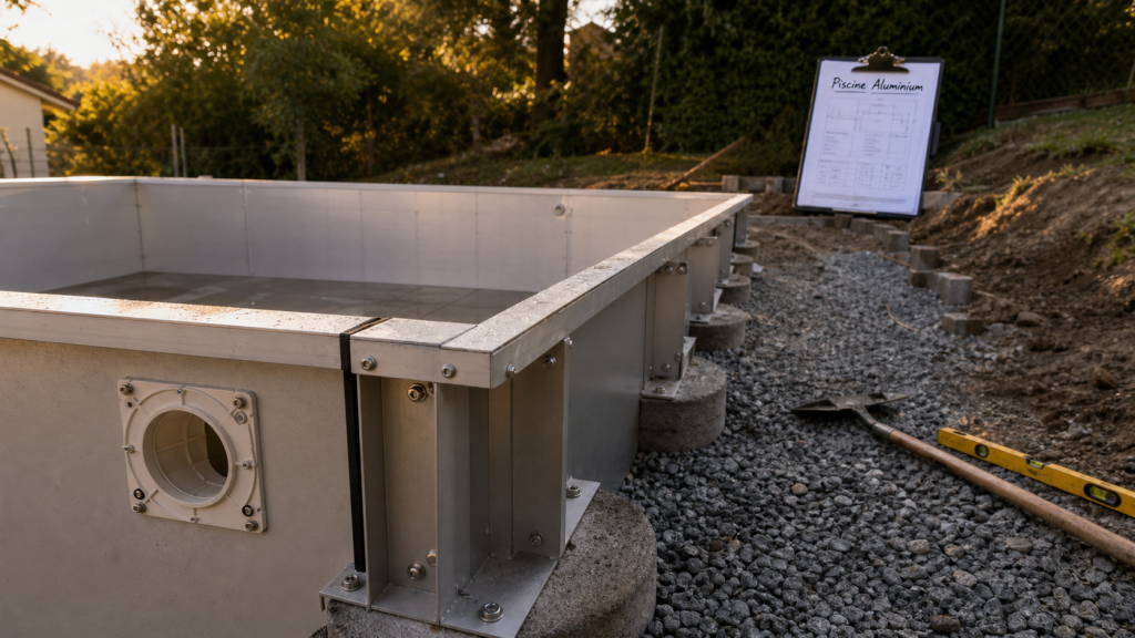 piscine en aluminium en chantier, panneaux et joints EPDM