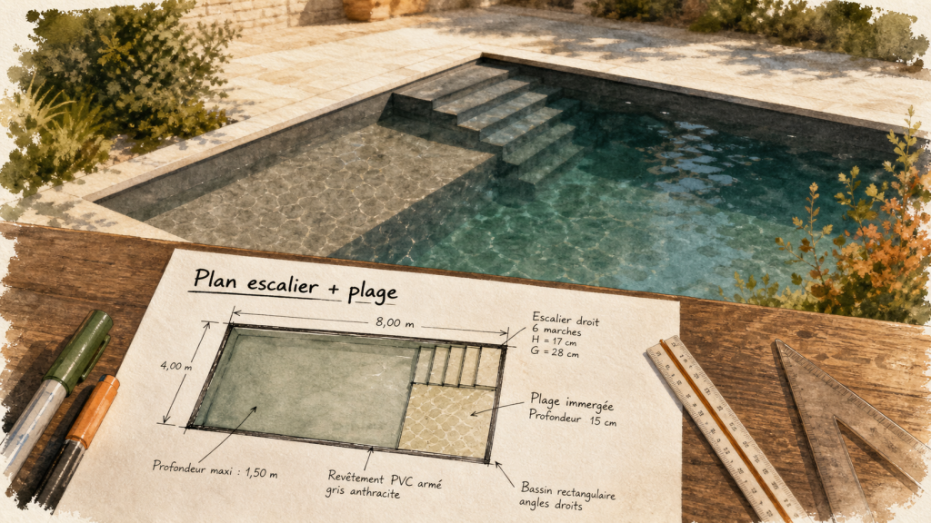 Plan escalier piscine avec plage, pente 3%.