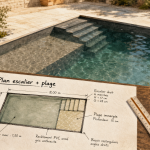 Plan escalier piscine avec plage, pente 3%.