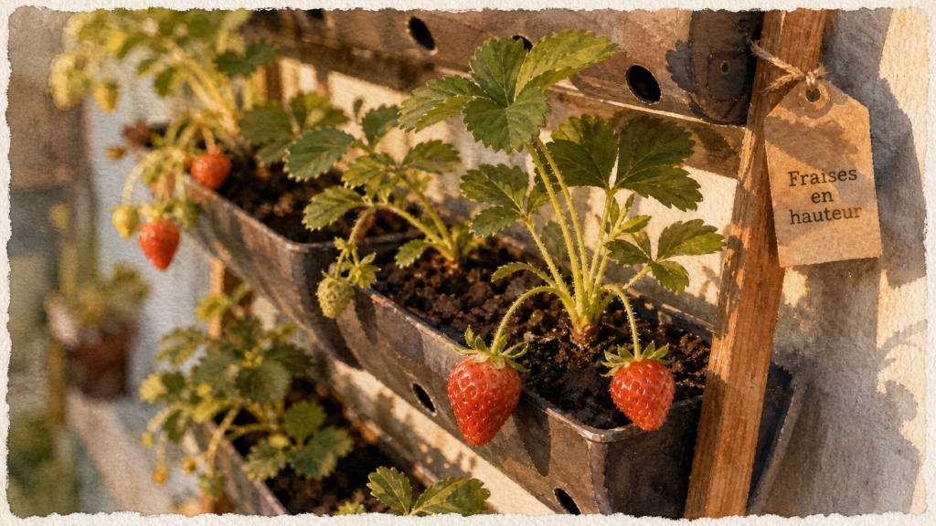 Plantation fraisier en hauteur : tour à fraisiers avec godets et fraises mûres