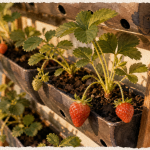 Plantation fraisier en hauteur : tour à fraisiers avec godets et fraises mûres