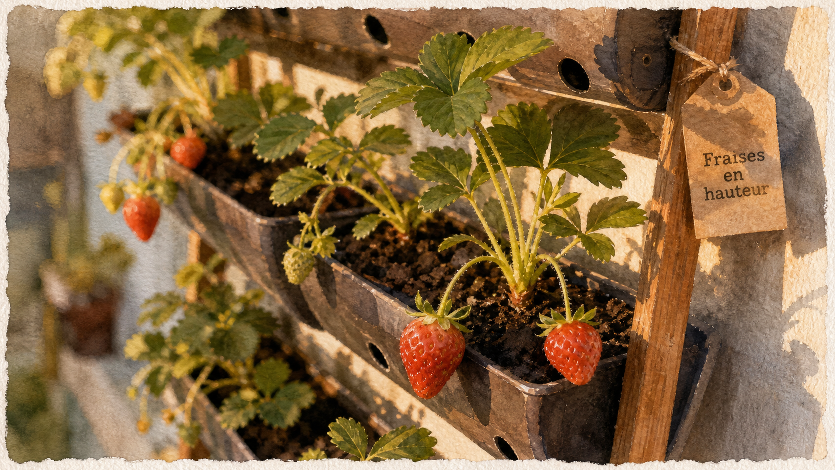 Plantation fraisier en hauteur : tour à fraisiers avec godets et fraises mûres