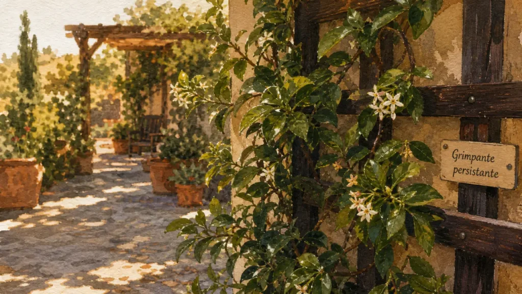 Plante grimpante persistant : mur vert, feuillage luisant et petites fleurs parfumées