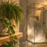 Plantes faciles pour salle de bain : pothos et fougère en suspension, lumière indirecte