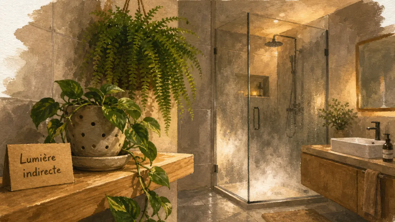 Plantes faciles pour salle de bain : pothos et fougère en suspension, lumière indirecte