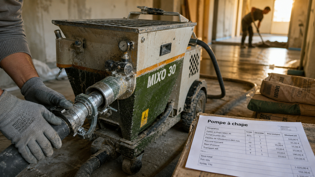 Pompe à chape 260 l sur chantier, raccords et tuyaux