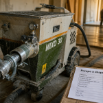 Pompe à chape 260 l sur chantier, raccords et tuyaux