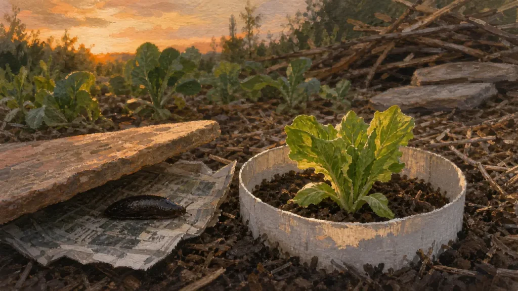 Protéger son potager des limaces : jeune salade et cerceau anti-limace, limace cachée sous une tuile