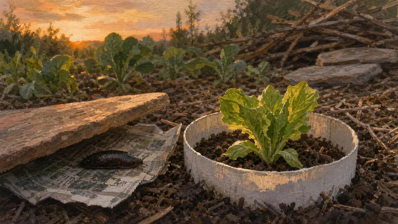 Protéger son potager des limaces : jeune salade et cerceau anti-limace, limace cachée sous une tuile