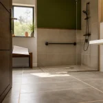Salle de bain norme PMR : porte 90 cm, rotation 150 cm, douche plain-pied