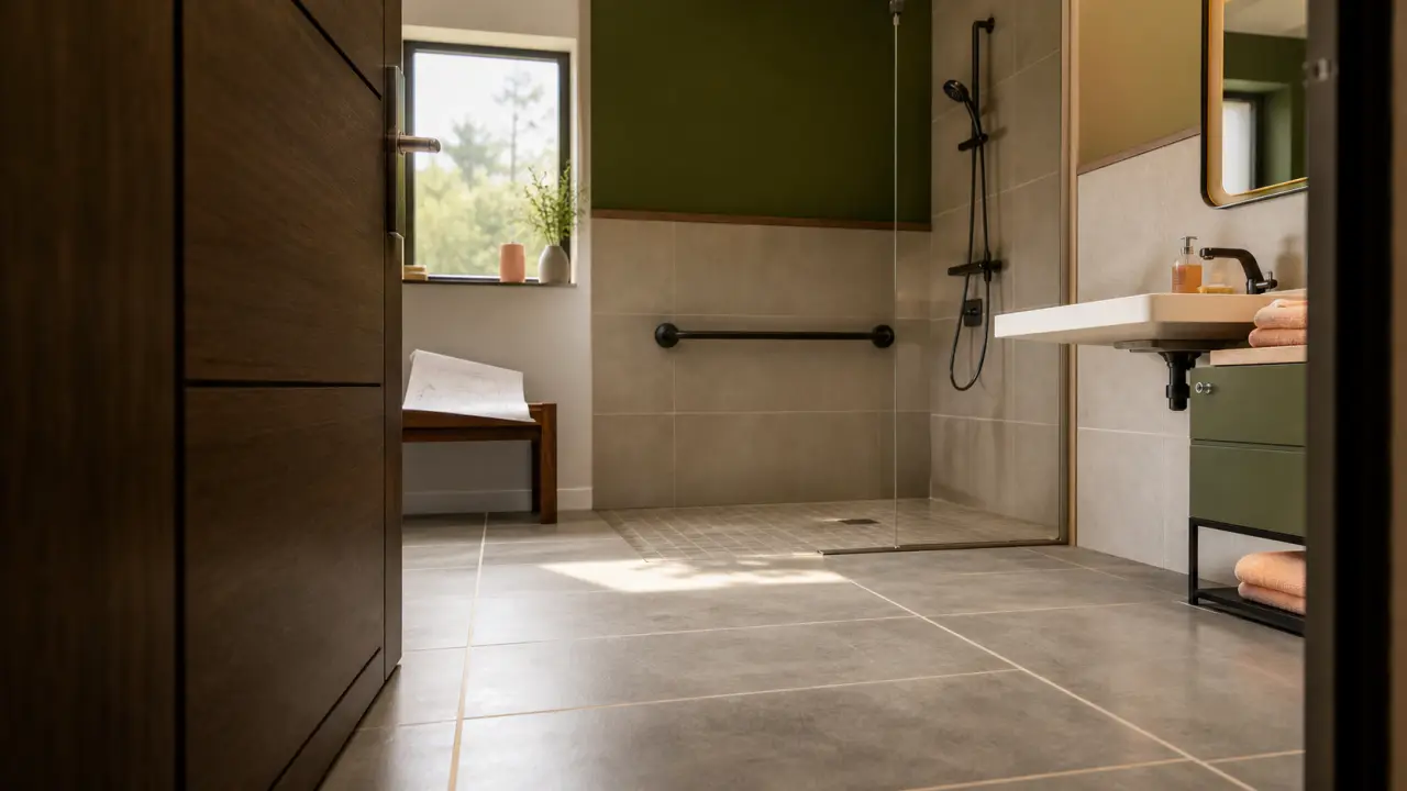 Salle de bain norme PMR : porte 90 cm, rotation 150 cm, douche plain-pied