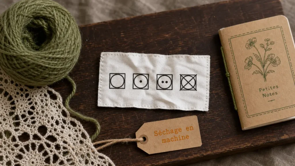 Symbole du seche linge sur étiquette textile : pictogrammes sèche-linge