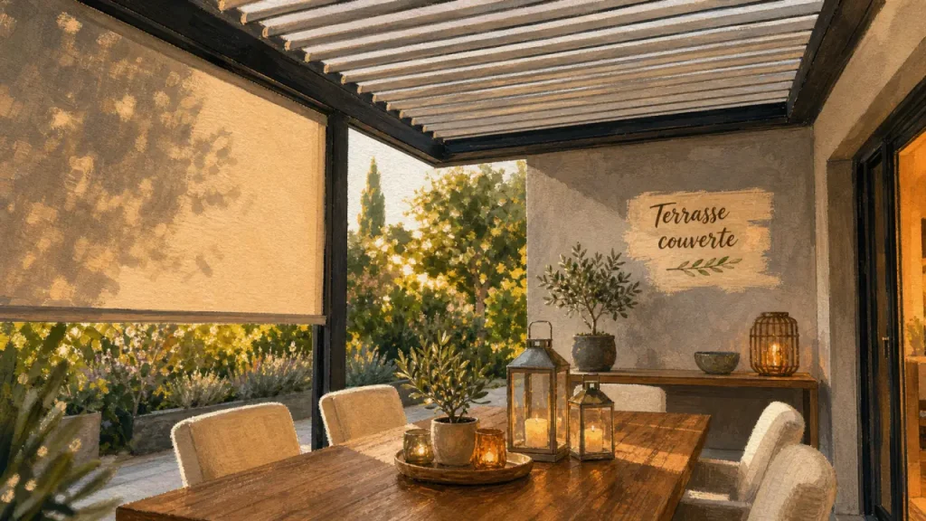 Terrasse couverte maison, pergola moderne et coin repas extérieur