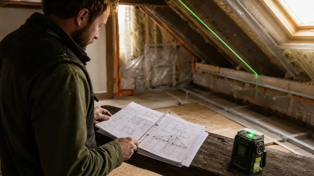 Aménager des combles : hauteur et pente, charpentier et niveau laser dans les combles