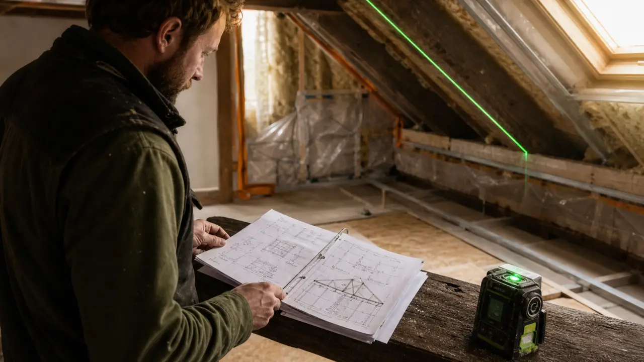 Aménager des combles : hauteur et pente, charpentier et niveau laser dans les combles