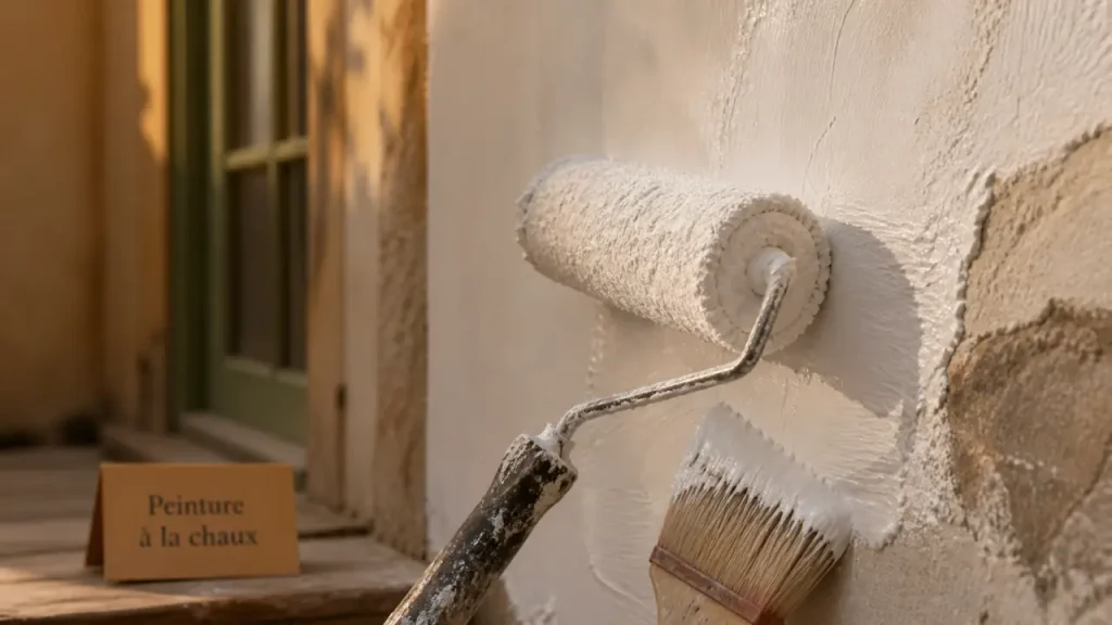 Chaux peinture extérieur : badigeon sur enduit minéral, mur fraîchement badigeonné