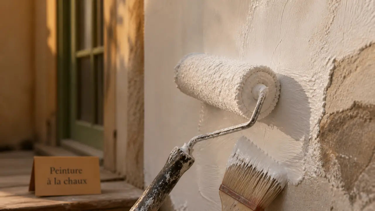 Chaux peinture extérieur : badigeon sur enduit minéral, mur fraîchement badigeonné