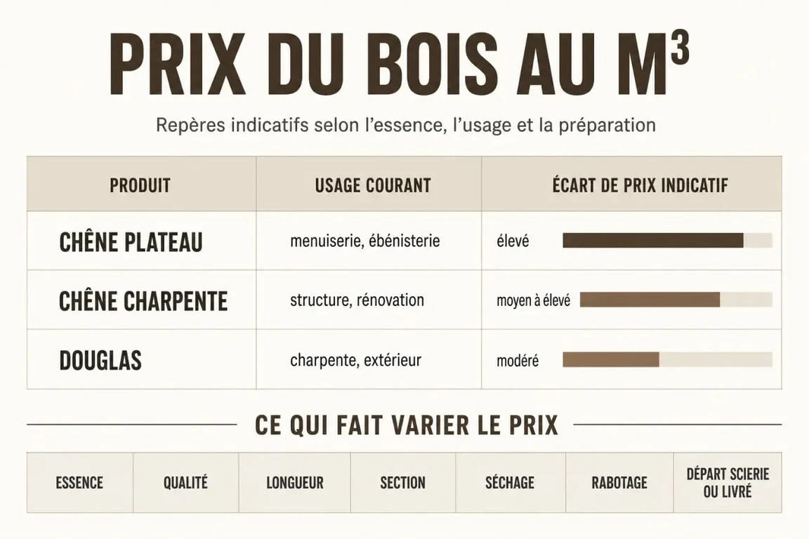 Infographie prix bois au m3 selon l’essence, la qualité et la longueur