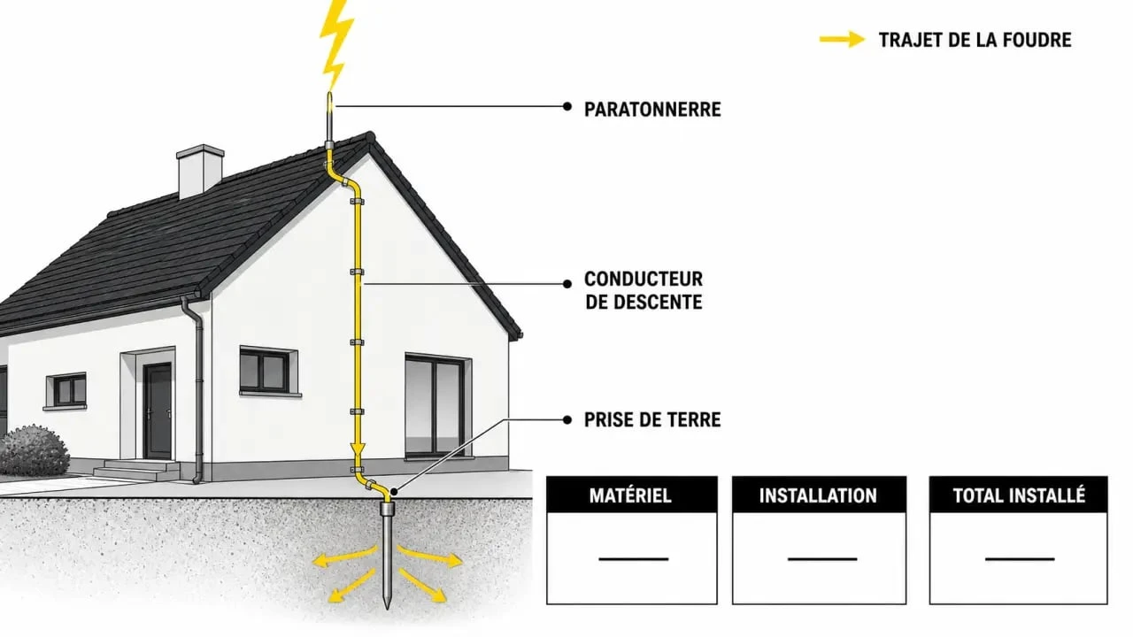 Paratonnerre prix : schéma éditorial d’une maison avec tige, descente et mise à la terre