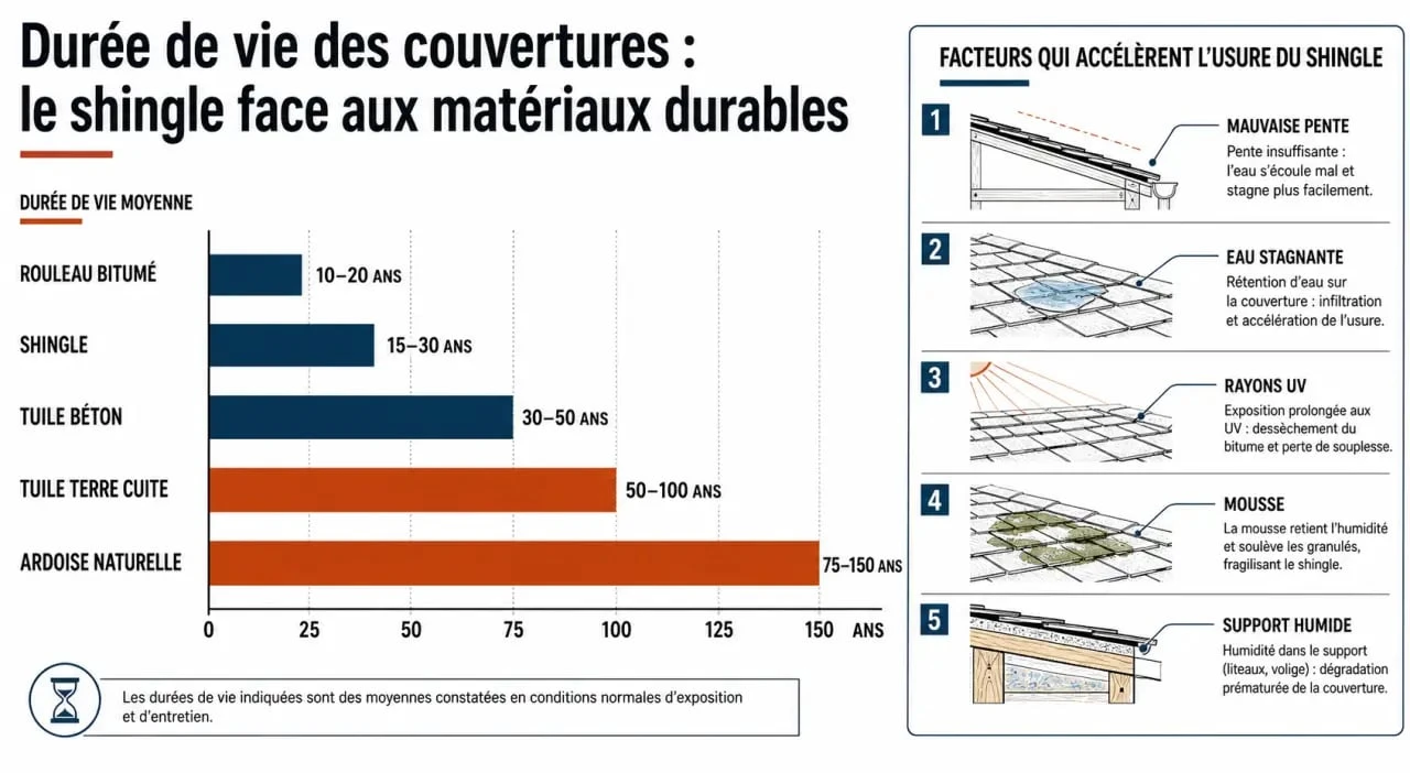 Toiture en shingle durée de vie : comparaison visuelle avec les autres matériaux et les principaux facteurs d’usure