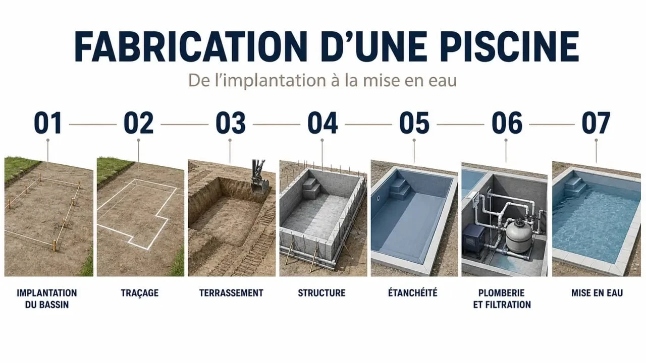 Fabrication d une piscine : frise visuelle des étapes du chantier, du terrassement à la mise en eau