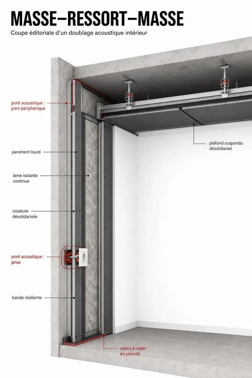 Schéma d’isolation thermique et phonique d’un mur avec système masse-ressort-masse