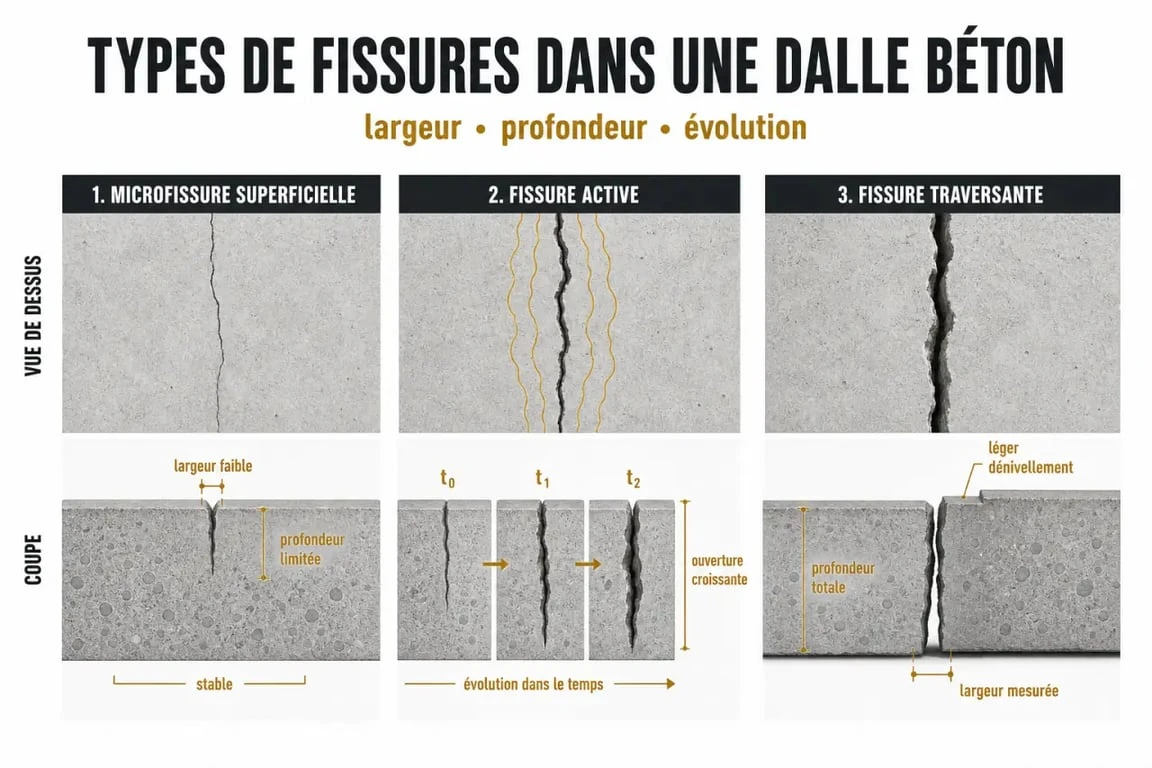 dalle béton qui fissure au séchage : schéma comparatif des fissures superficielles, actives et structurelles