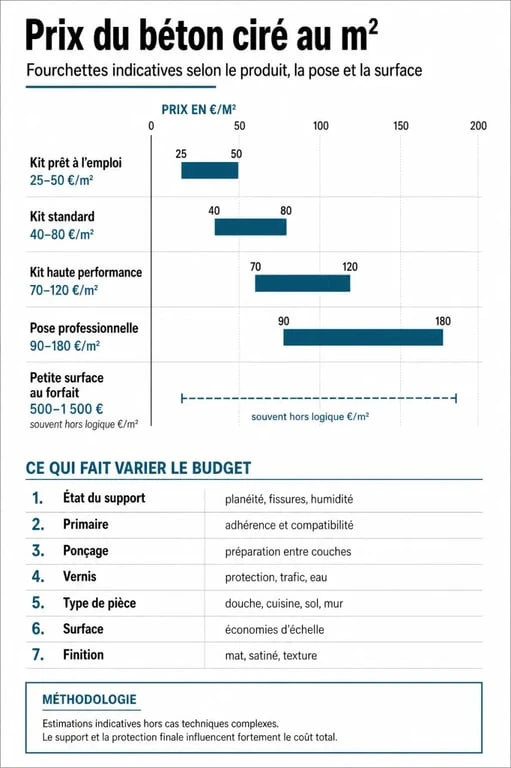 Infographie sur le prix du béton ciré au m2 avec comparaison des fourchettes de prix et des facteurs de budget