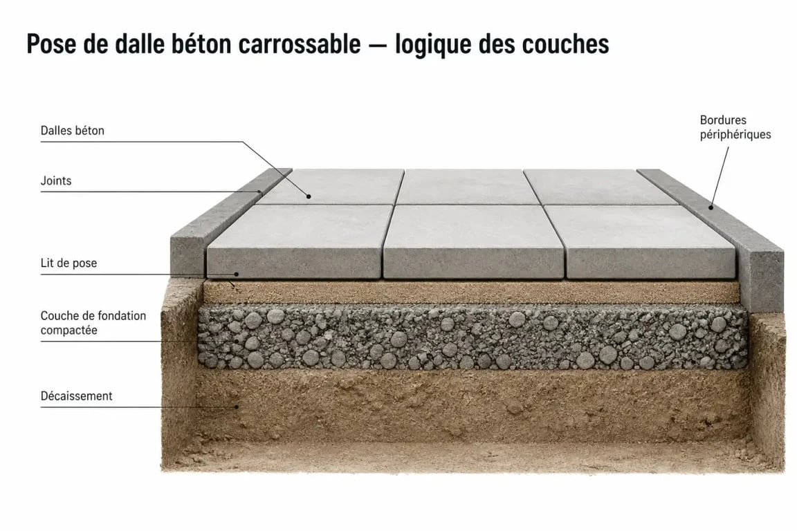 Schéma de pose d’une dalle béton carrossable sur sol préparé