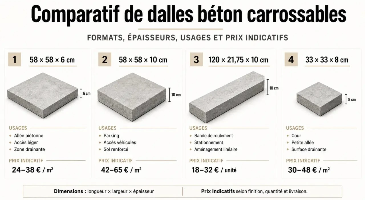 Comparatif de dalle béton carrossable avec formats, épaisseurs, usages et prix