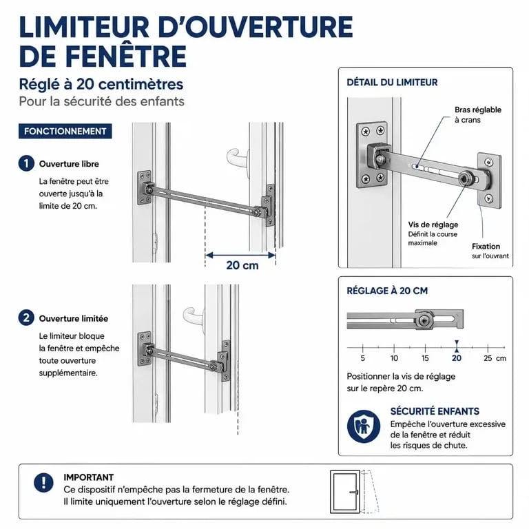 Schéma explicatif du limiteur d'ouverture de fenêtre en hauteur pour la sécurité