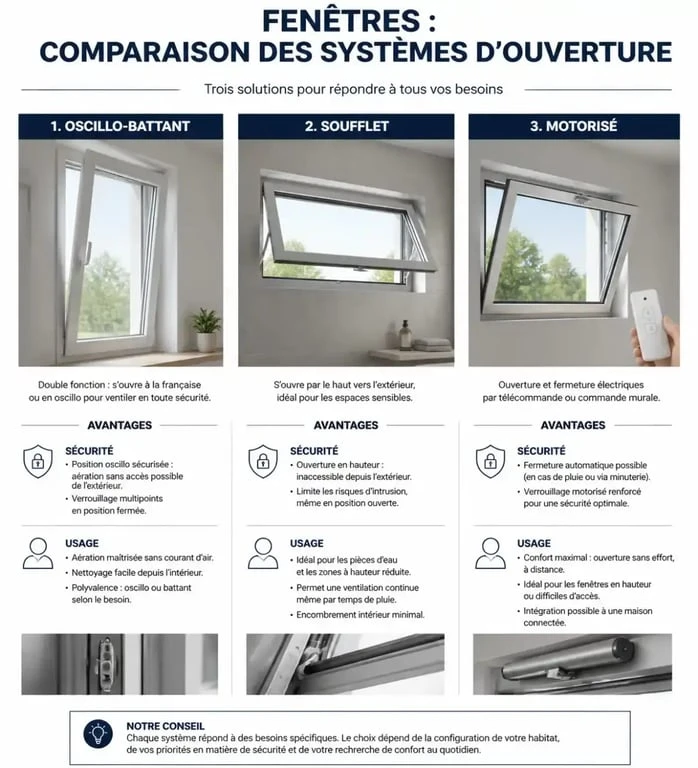 Tableau comparatif des systèmes d'ouverture de fenêtre en hauteur pour choisir la solution adaptée